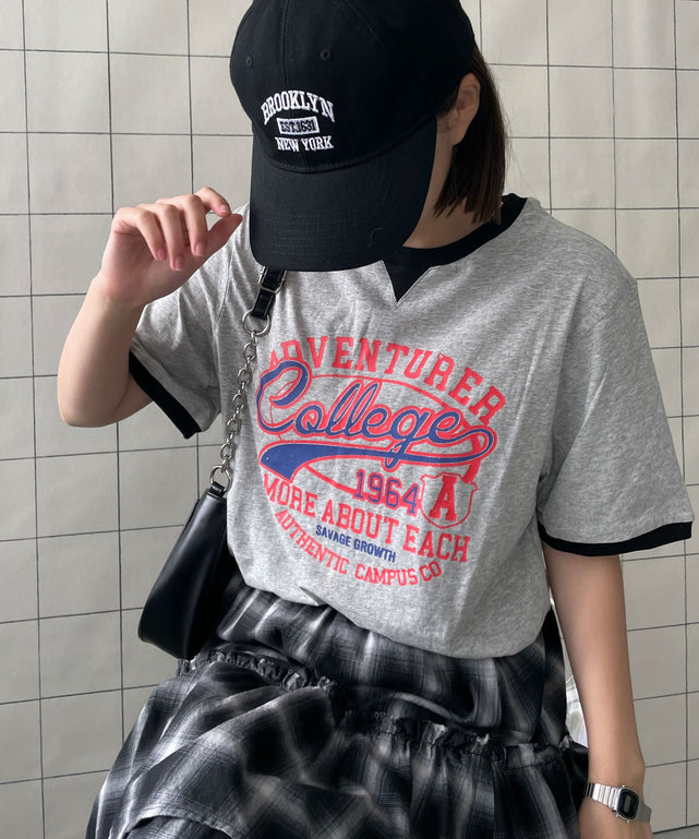 College　リンガーTシャツ【一部店舗限定】/グレー　モデル:155cm F着用