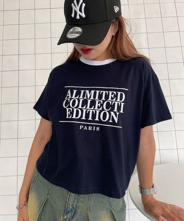 PARIS　パイピングTシャツ【一部店舗限定】/ネイビー　モデル:155cm F着用