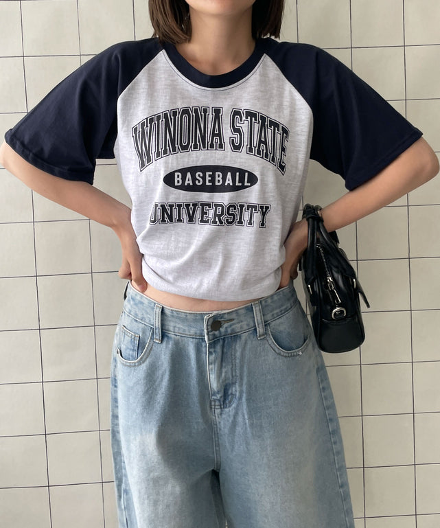 ベースボールラグランTシャツ 【一部店舗限定】/ネイビー　モデル:155cm F着用